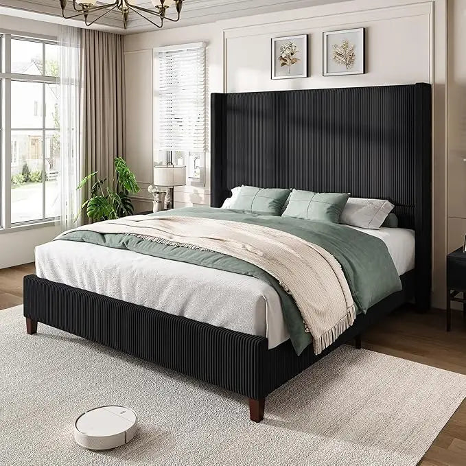 Chestnut 62 Corduroy Platform Bed Frame with Tall Wingback Headboard, No Box Spring Needed