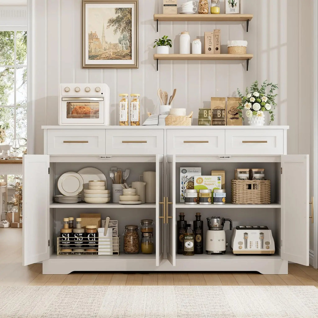 60" Modern Buffet Cabinet with 4 Drawers, Gold Handles, White Kitchen Storage Sideboard
