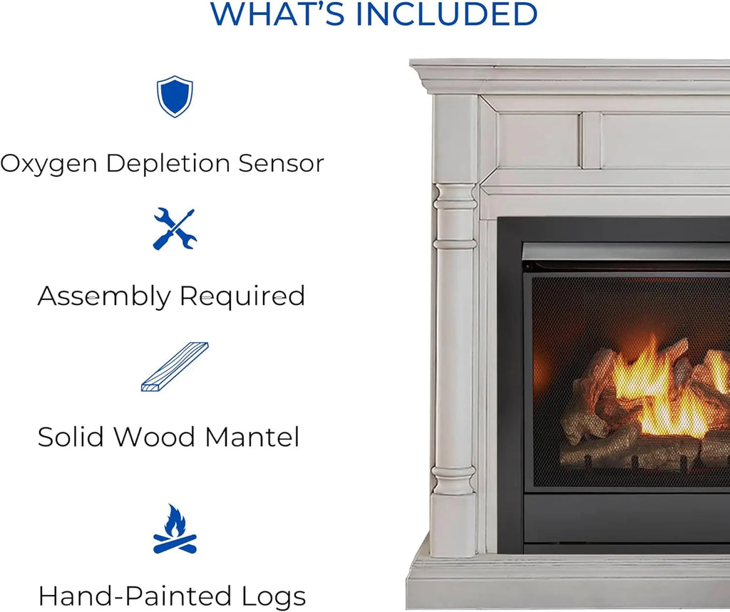 Dual Fuel Ventless Gas Fireplace System with Mantle, Remote Control, 9 Fire Logs, Use with Natural Gas or Liquid Propane