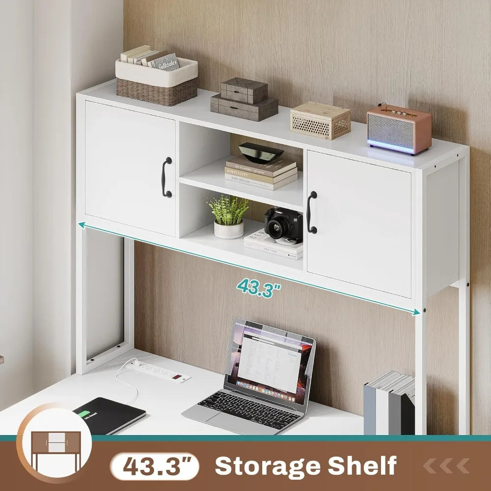 Contemporary White L-Shaped Desk for Home Office, Farmhouse Style with Fabric Drawers and Built-In Power Outlet, LED Lit