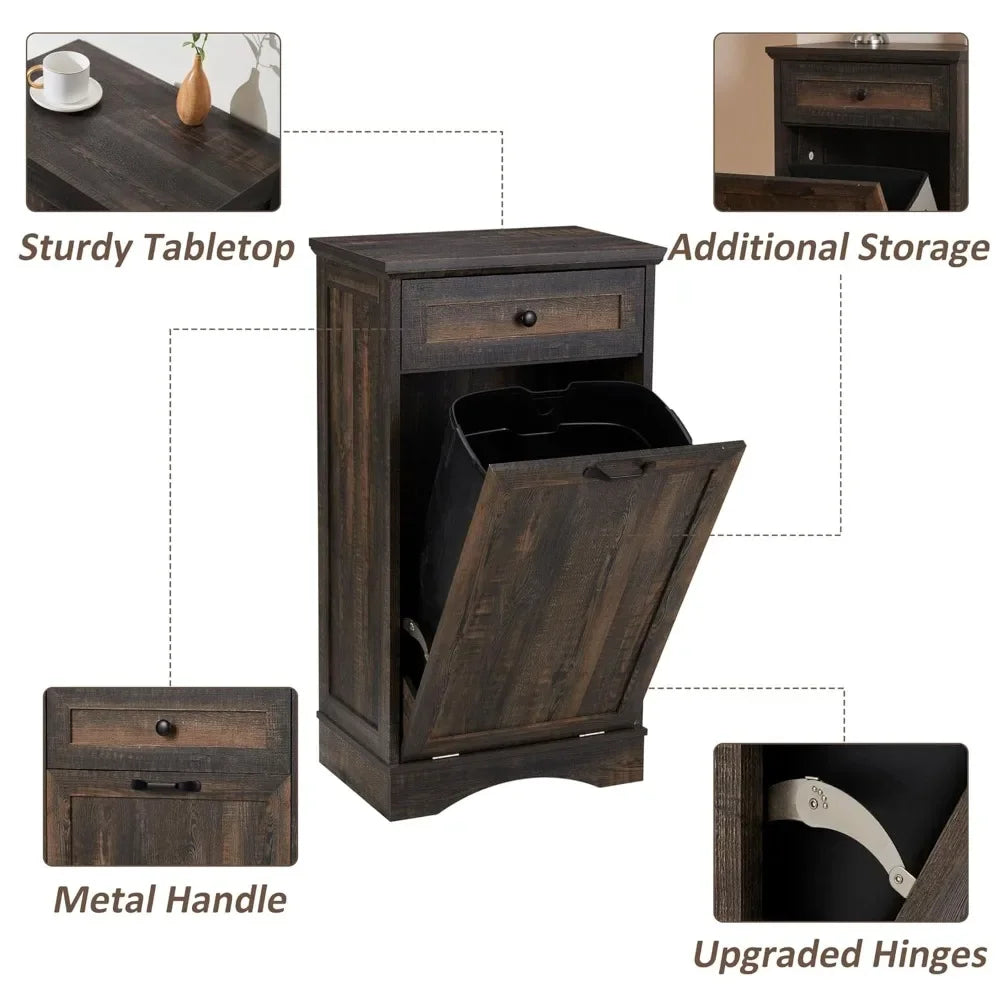 13 Gallons Tilt Out Trash Cabinet, Freestanding Kitchen Trash Bin Cabinet, Wood Garbage Recycling Cabinet with Hideaway Drawer