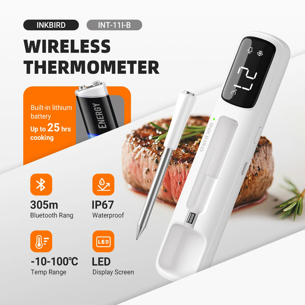 INKBIRD INT-11I-B Mini Wireless Meat Thermometer, Bluetooth 5.4 1000ft, 1s Response, IP67, 26 Presets, LED Display, for BBQ/Gril