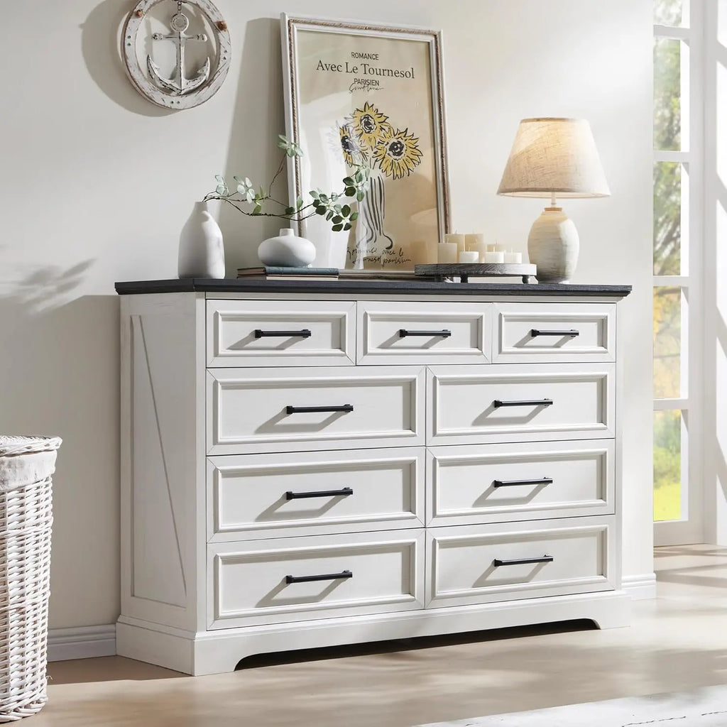 Farmhouse 9 Drawer 36" Dresser for TV Stand , Rustic Wood, Living Room, Hallway, Off White