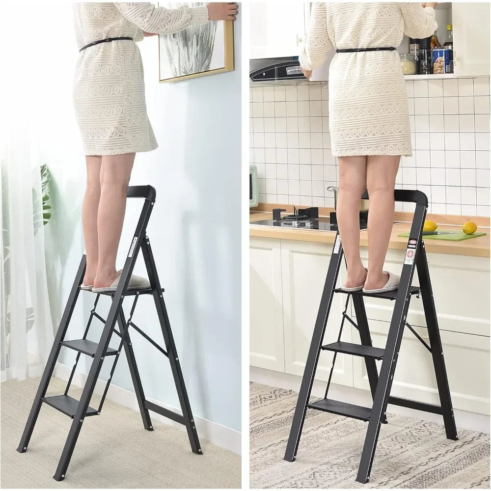 Customizable-Aluminum 3 Step Ladder, Lightweight Step Stool With Non-Slip Pedals, Handrail, 330 LBS Foldable Step Ladder