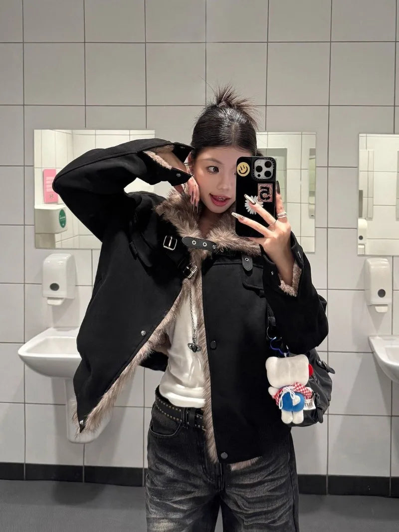 Winter Solid Color Motorcycle Suit, Slim Plus Velvet Short Coat, Youth Female Fur Collar, Splicing Stand Collar, Casual Joker Jacket