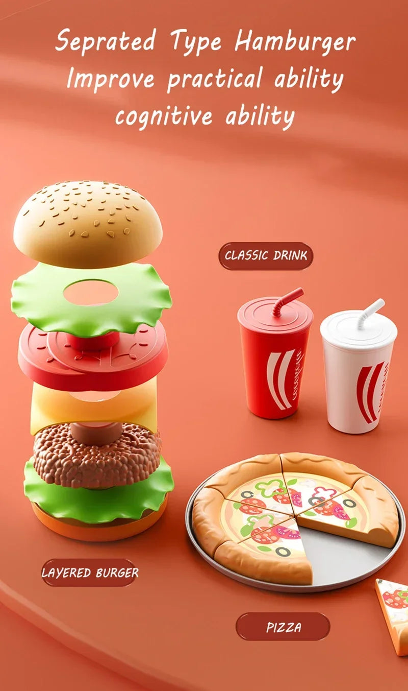 Kid Kitchen Toy Set /Simulation/ Make Hamburgers, Pizza, Fries, Pretend Play Food Cooking/ Cutting Game/ Montessori Interactive Toy Gift