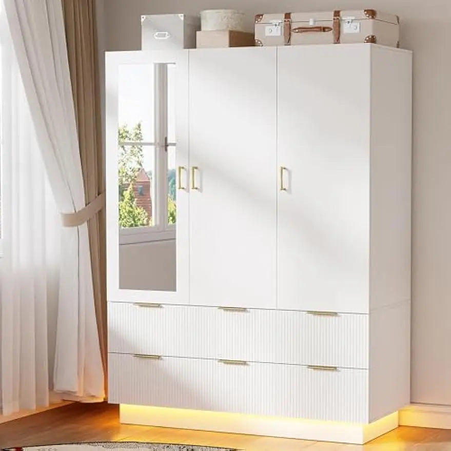 Armoire Wardrobe Closet with 3 Door, with Mirror and LED Lights, Hanging Rod, Drawers