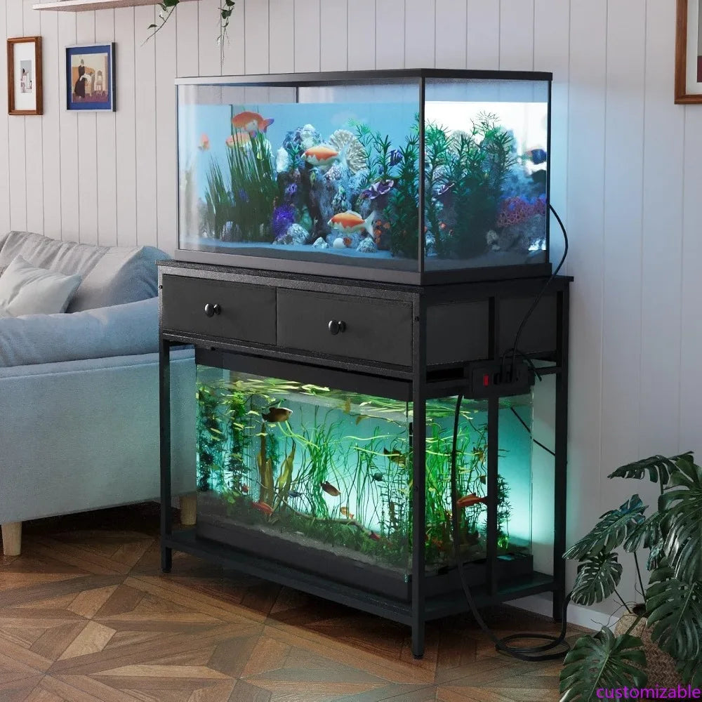 Customizable 40 Gallon Aquarium Stand with Power Outlet, Metal Frame Fish Tank Stand with Cabinet Storage, Double Turtle Reptile