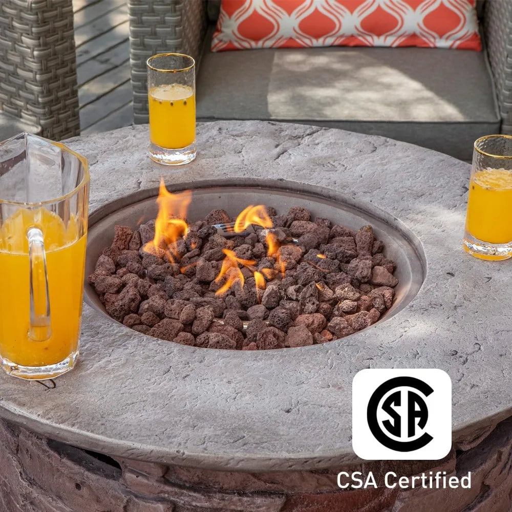 Outdoor Propane Concrete Fire Pit Table w/ Imitation Stone Surface 32-inch Round Fire Table, CSA Certified, 40,000 BTU Stainless