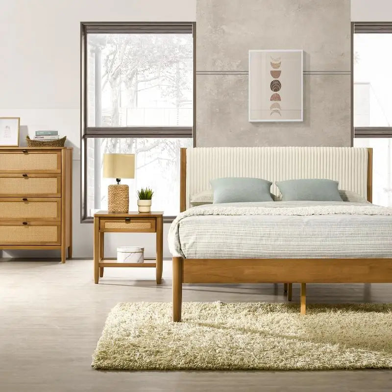 6-Piece Rubberwood Bedroom Set with Upholstered Queen Bed, Dresser, Mirror, 2 Nightstands, and Chest