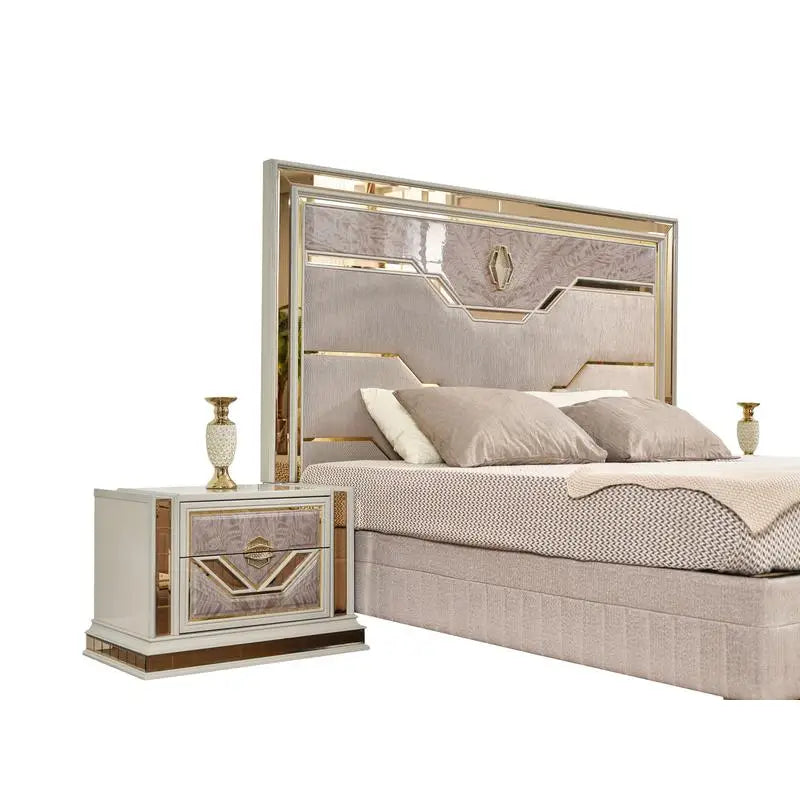 Modern Style 4 Pc King Upholstered Bedroom Set with Wood and Gold Accents in Beige