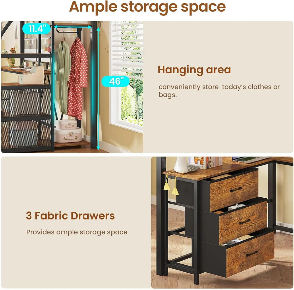 Twin Loft Bed with L-Shaped Desk, Wardrobe & Storage Stairs, LED Lights & Charging Station, Rustic Brown