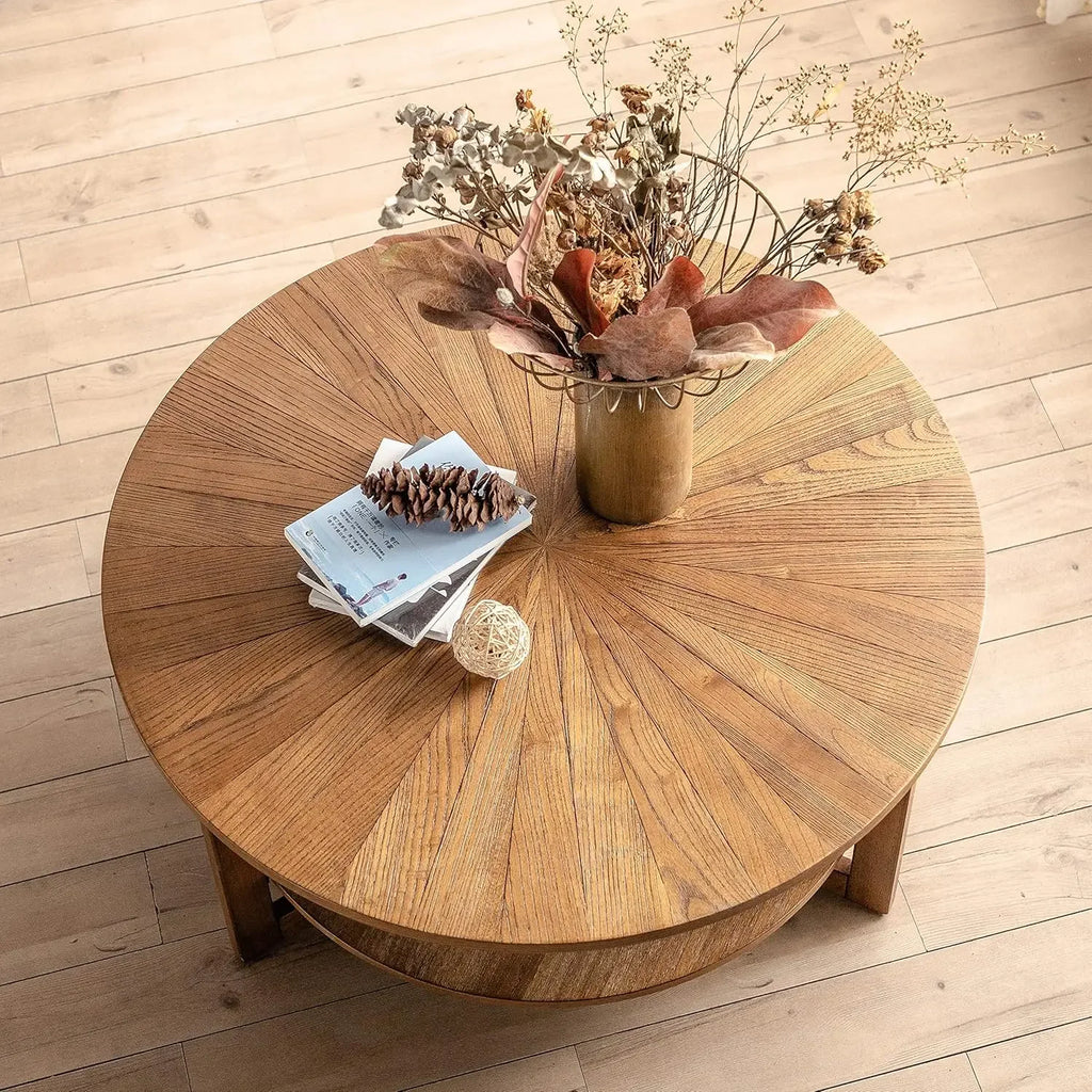 Wood Round Coffee Table for Living Room, 2 Tier Circle Coffee Table with Storage, Rustic Natural Coffee Table (35" Dx35 Wx18 H)