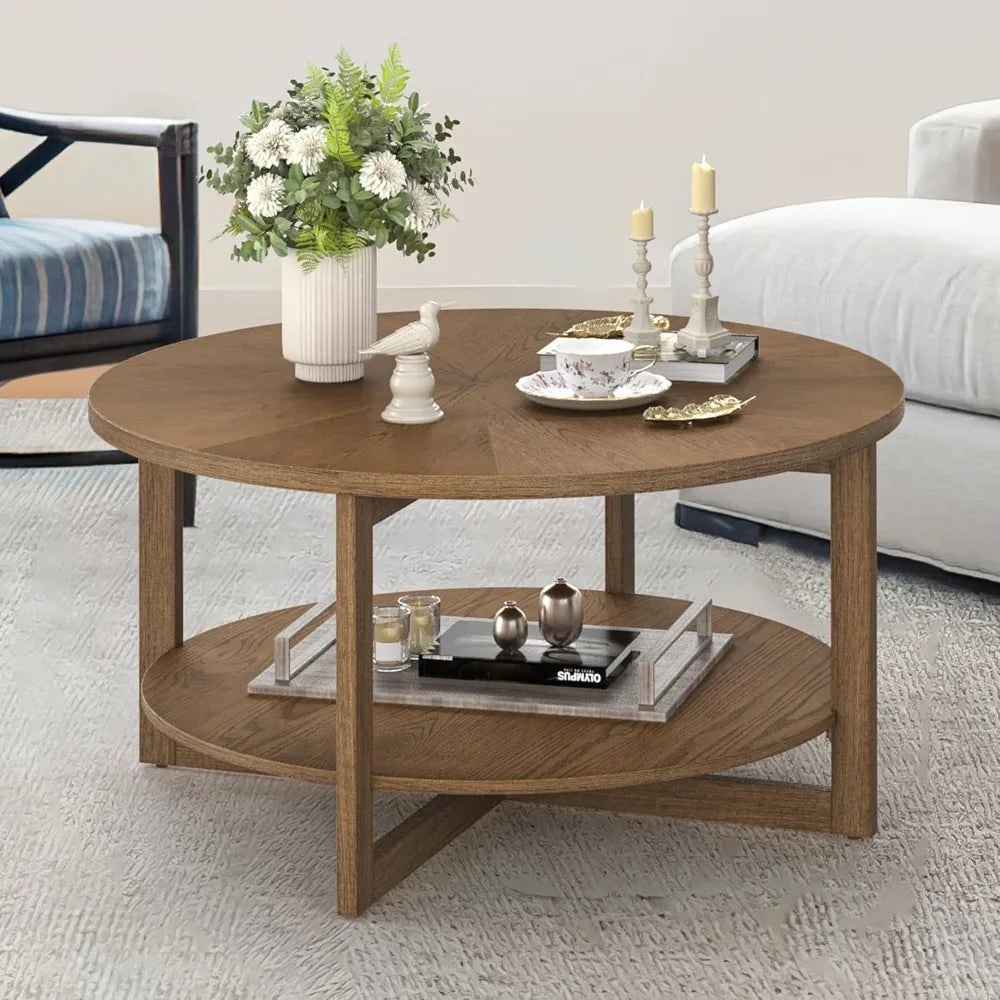 Rustic Modern 35" Circle Coffee Table with 2-Tier Storage Shelf, Dark Wood Living Room Furniture
