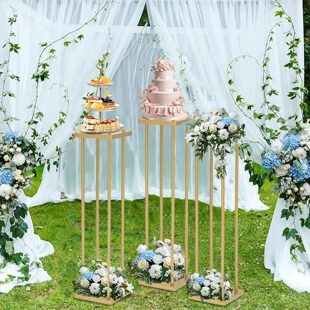 4pcs 31.5 Inch Rectangular Gold Metal Flower Stand Vase Column for Wedding Party Home Decor Flower Display Rack