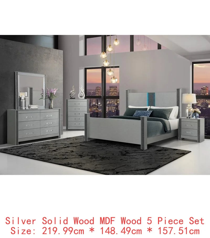 King 5PC Modern Bedroom Set - Silver Finish