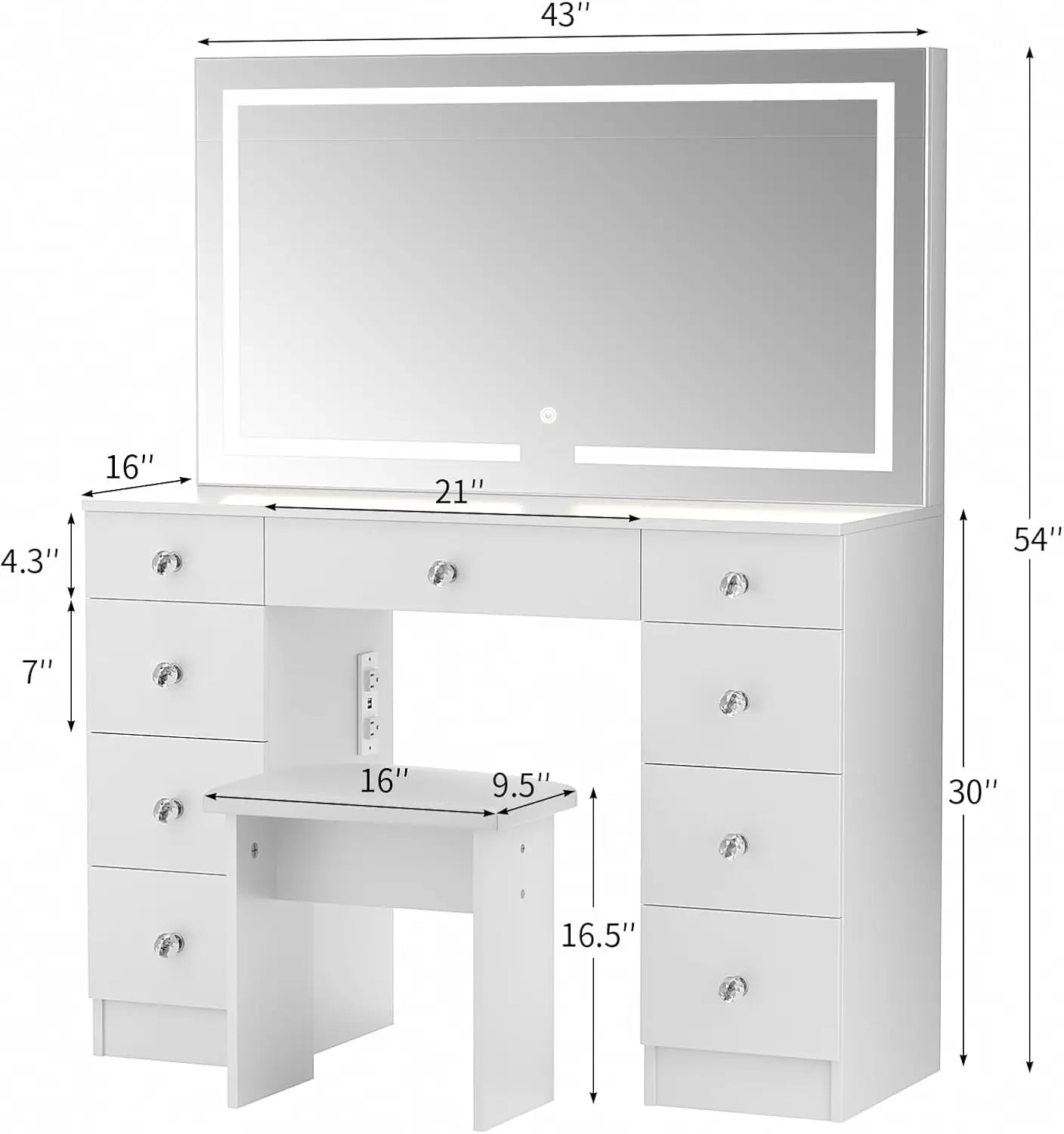 Illuminated Vanity Desk with Power Outlet, 9 drawers, 3-Color Light Modes, Adjustable Brightness, 43" tabletop