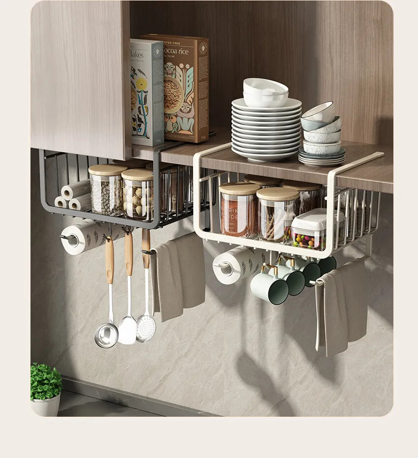 Kitchen Under Cabinet Basket Storage Shelf Tissue Cup Holder Closet Desk Hanging Rack Hollowed Pullout Drawer Sliding Basket