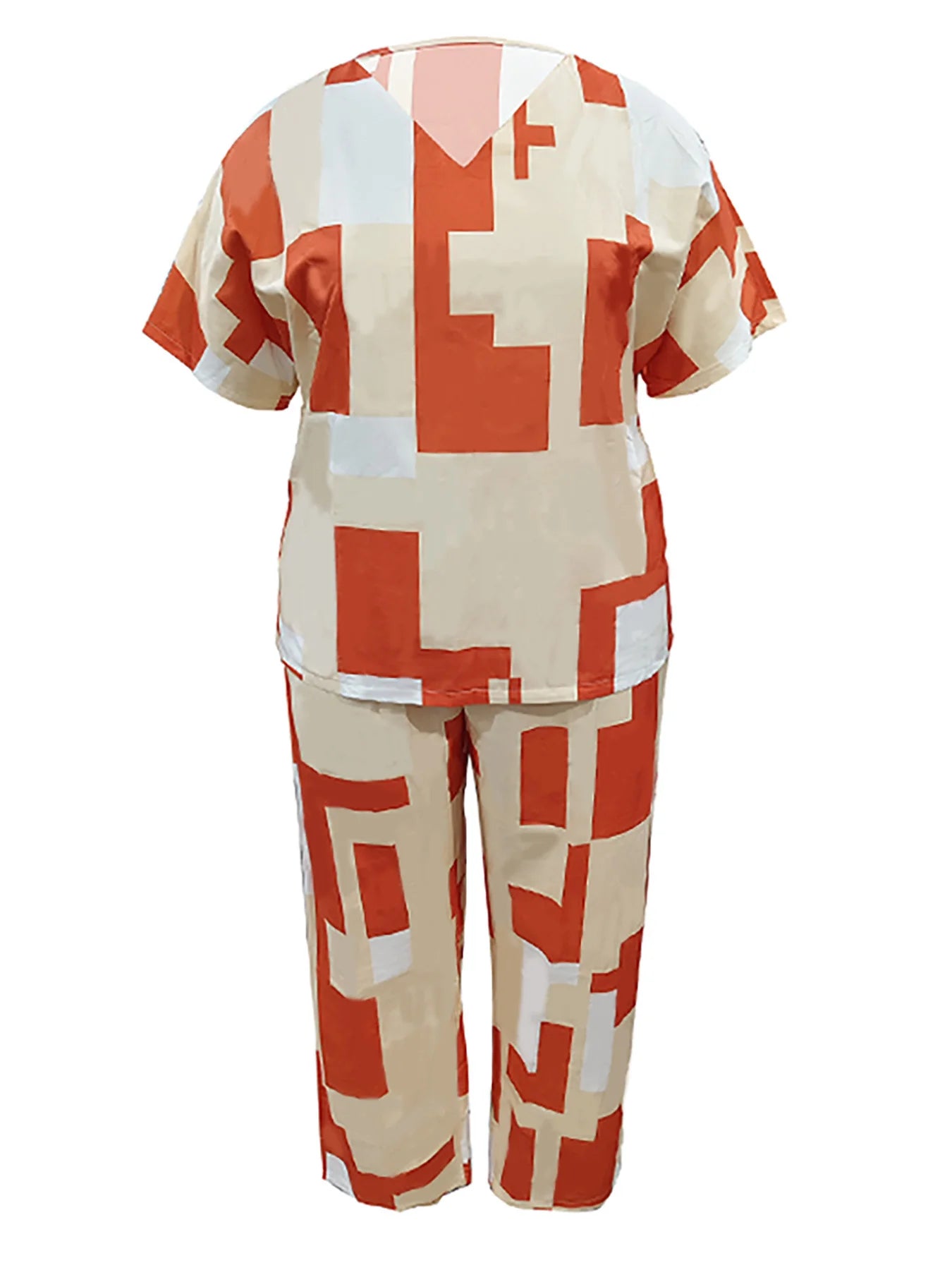 Plus - Size Retro Geometric Set! Brown & White Color - Block, Slay Your Daily Outings