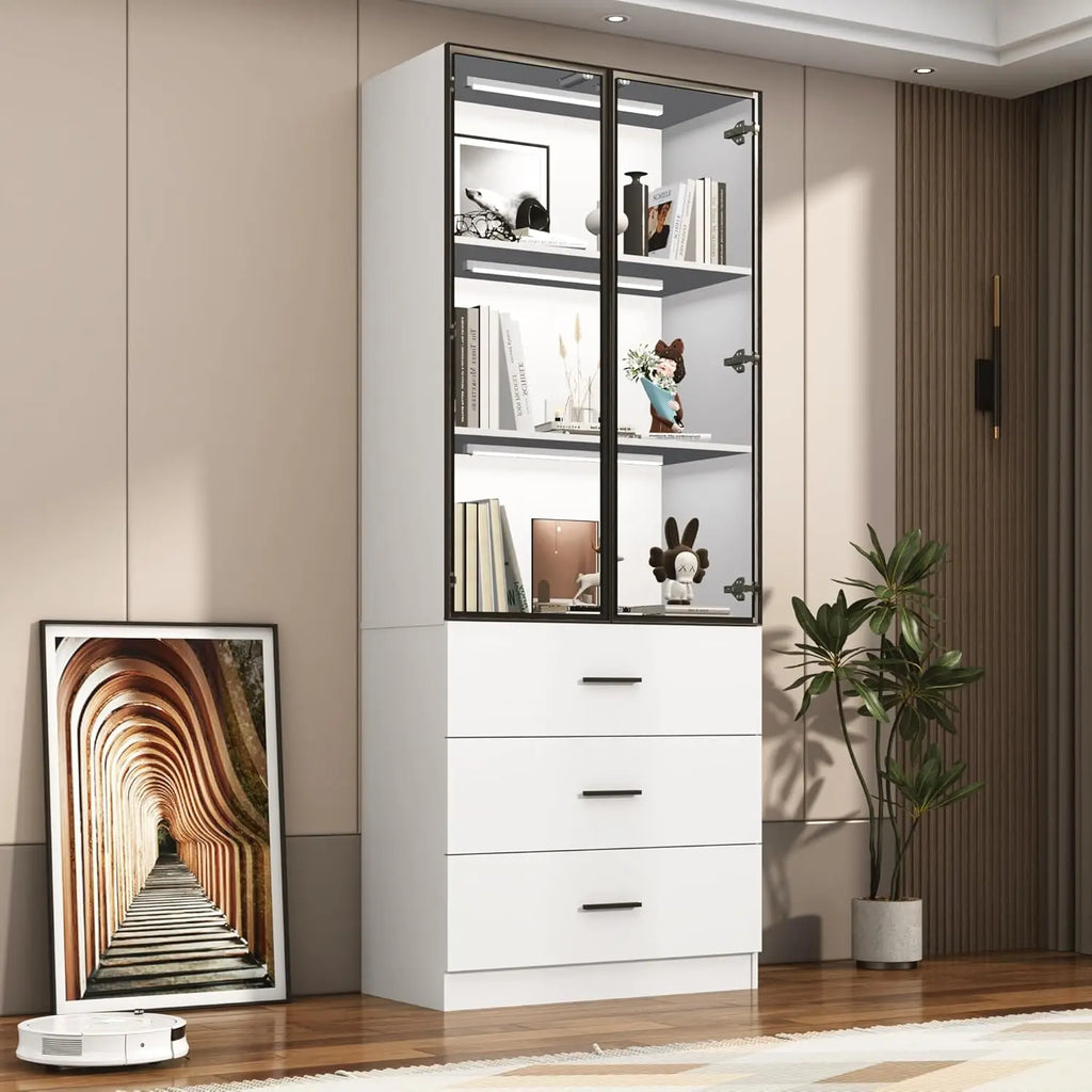 79" Tall Display Cabinet with LED Sensor Light & Pop-up Glass Doors & Drawers, Modern Bookcase/ Curio Storage Cabinet