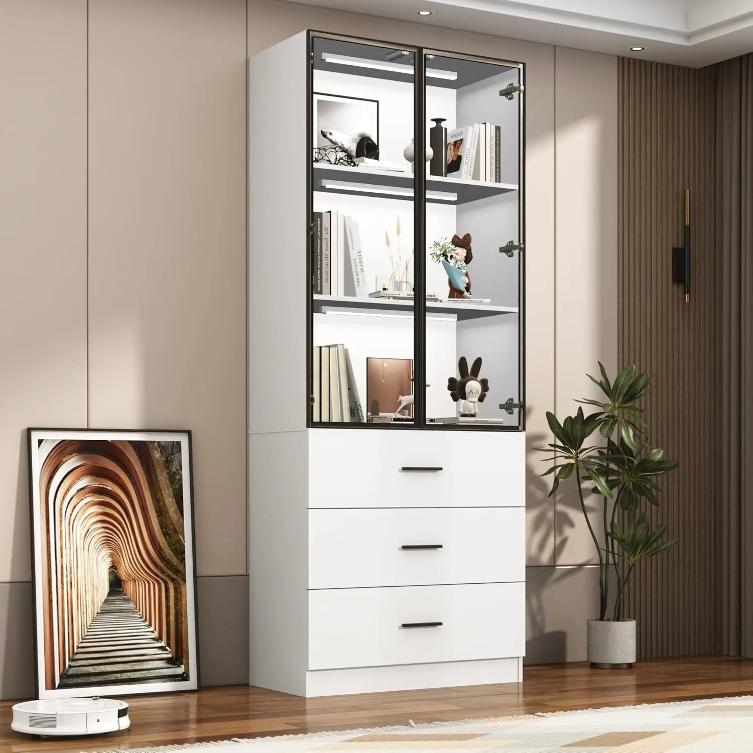 79" Tall Display Cabinet with LED Sensor Light & Pop-up Glass Doors & Drawers, Modern Bookcase/ Curio Storage Cabinet