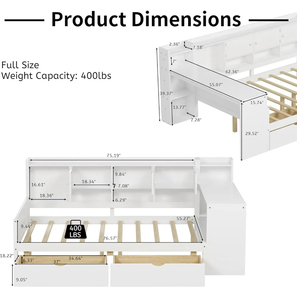 L-Shaped Wooden Daybed with Storage, Desk, and Bookshelf for Full-Size Beds