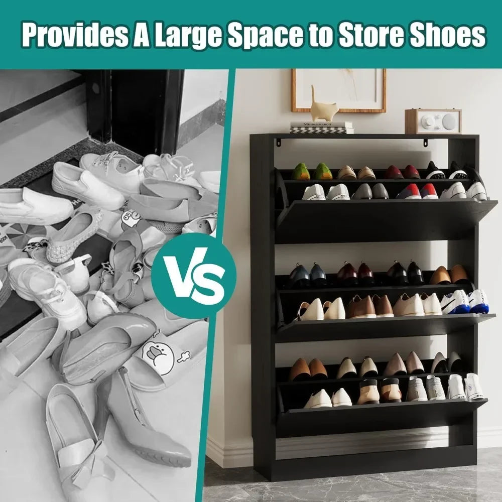 Shoe Storage Cabinet for Entryway with 3 Flip Drawers, Sturdy Wood Hidden Shoe Storage, Freestanding Narrow Slim Shoe Organizer