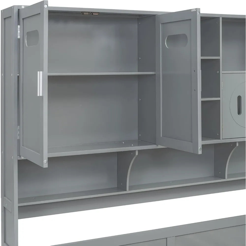 Gray Full Size Wooden Daybed with Storage Drawers, Bookcase Headboard, and All-in-One Cabinet & Shelf