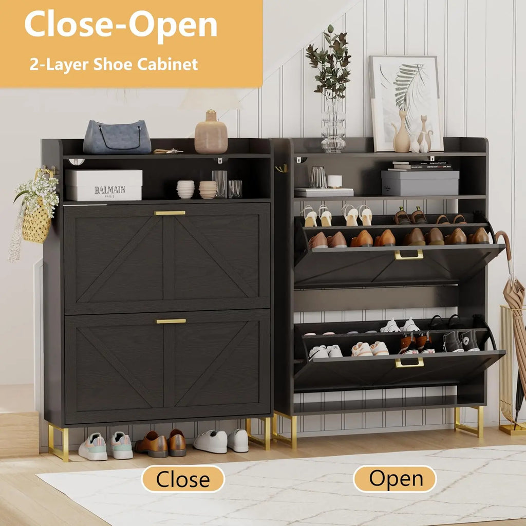 Shoe Cabinet with 2 Flip Drawers, Freestanding Hidden Shoe Storage Organizer, Shoe Rack Cabinet with Open Storage & Hooks