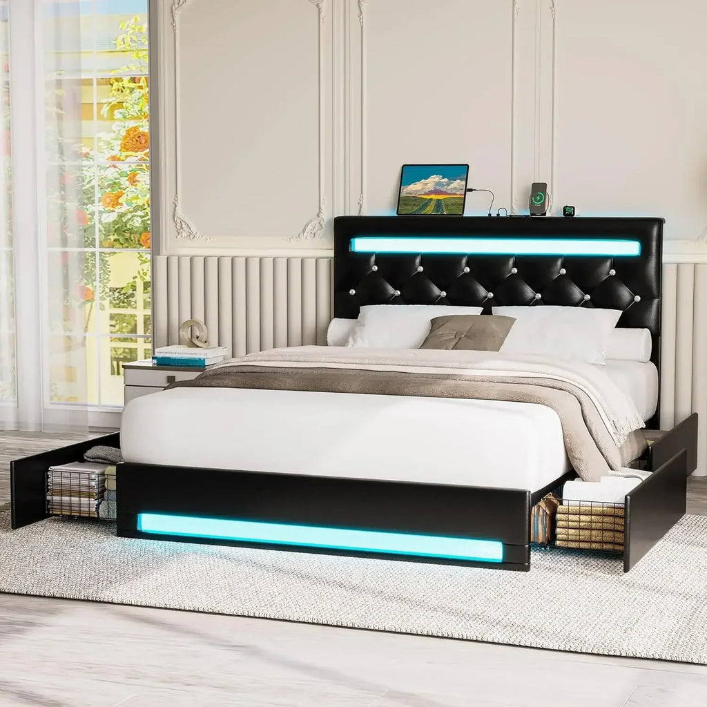 Full Size Bed Frame with LED Light, Leather Platform Bed Frame