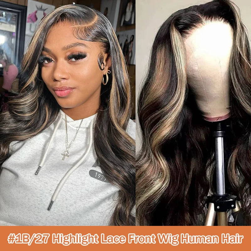 32Inch #1B/27 13x6 Balayage Highlight Ombre Body Wave Lace Front Wigs Human Hair 200 Density Honey Blonde Colored Lace Front Wig