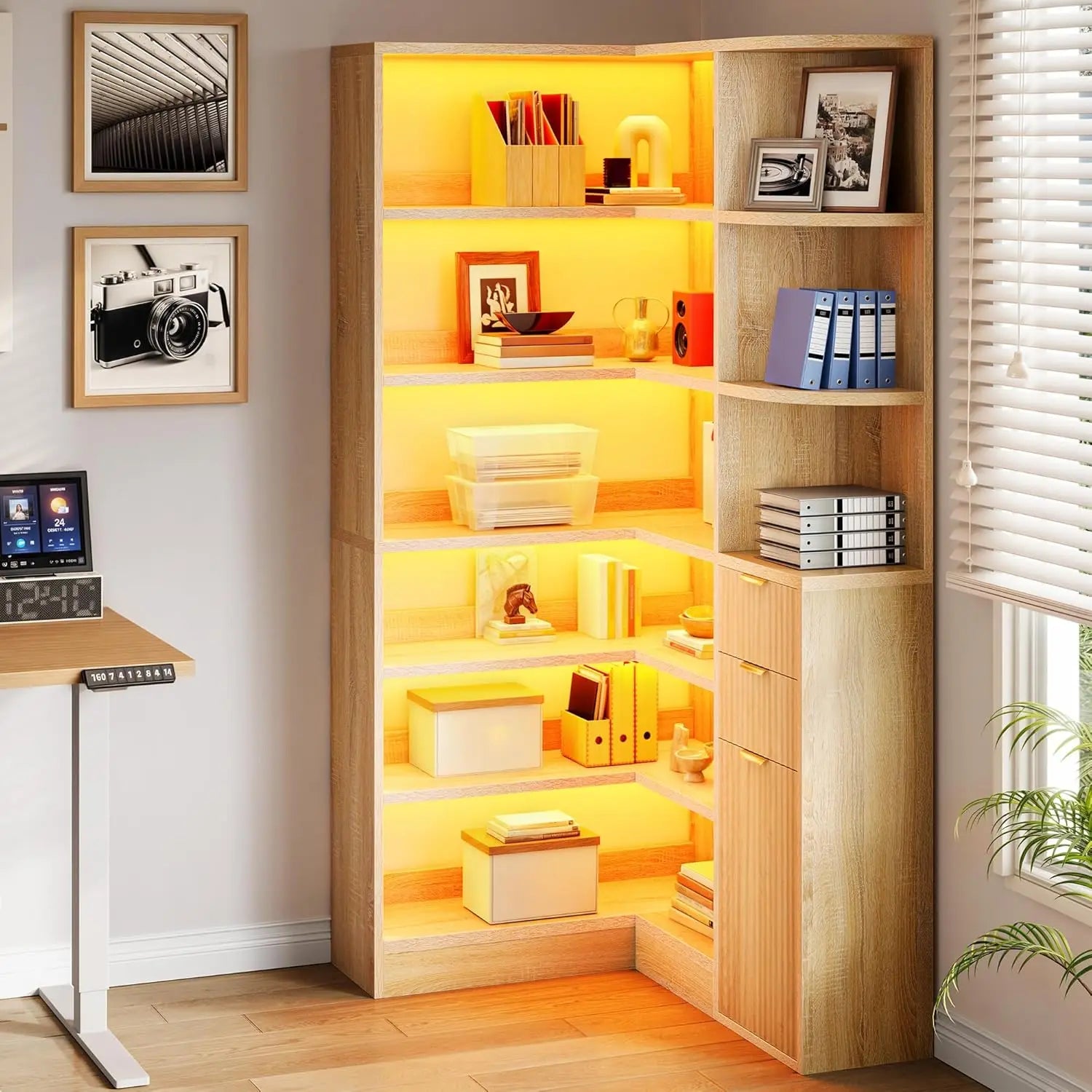 Farmhouse Style 6-Tier Corner Bookshelf with Storage Drawers and Cabinets, L-Shaped LED Lighted Bookcase