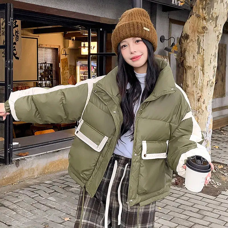 Y2K American New PU Fashion Solid Color Stitching Short Leisure Sports Cotton-padded Jacket Female Joker Loose Leather Coat