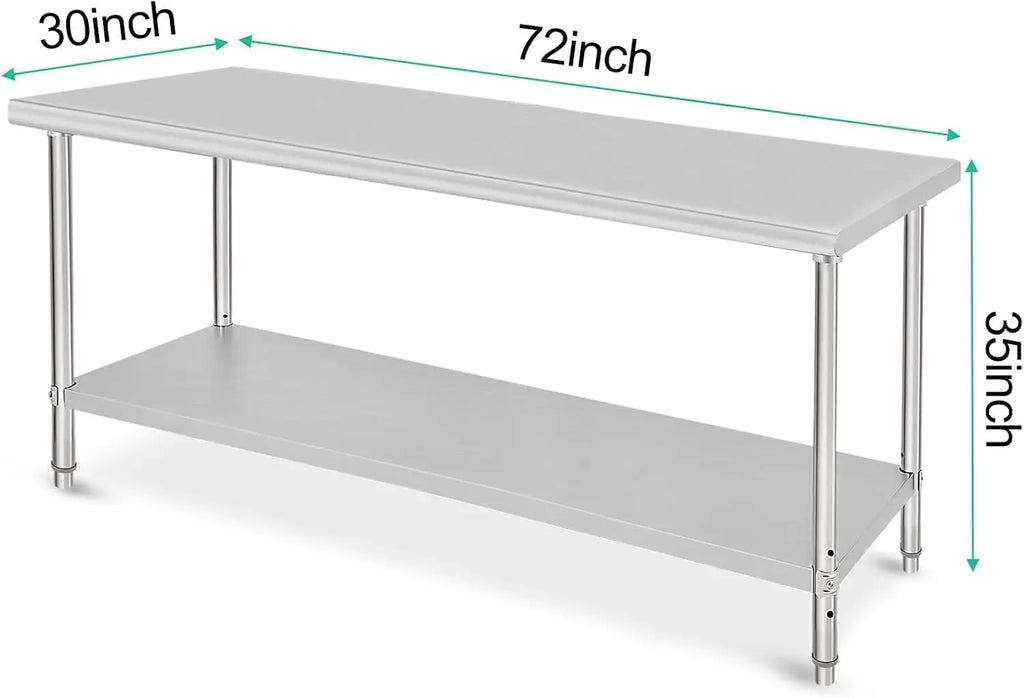 Commercial Grade 72 x 30 Stainless Steel Prep Table with Adjustable Shelf and Wheels