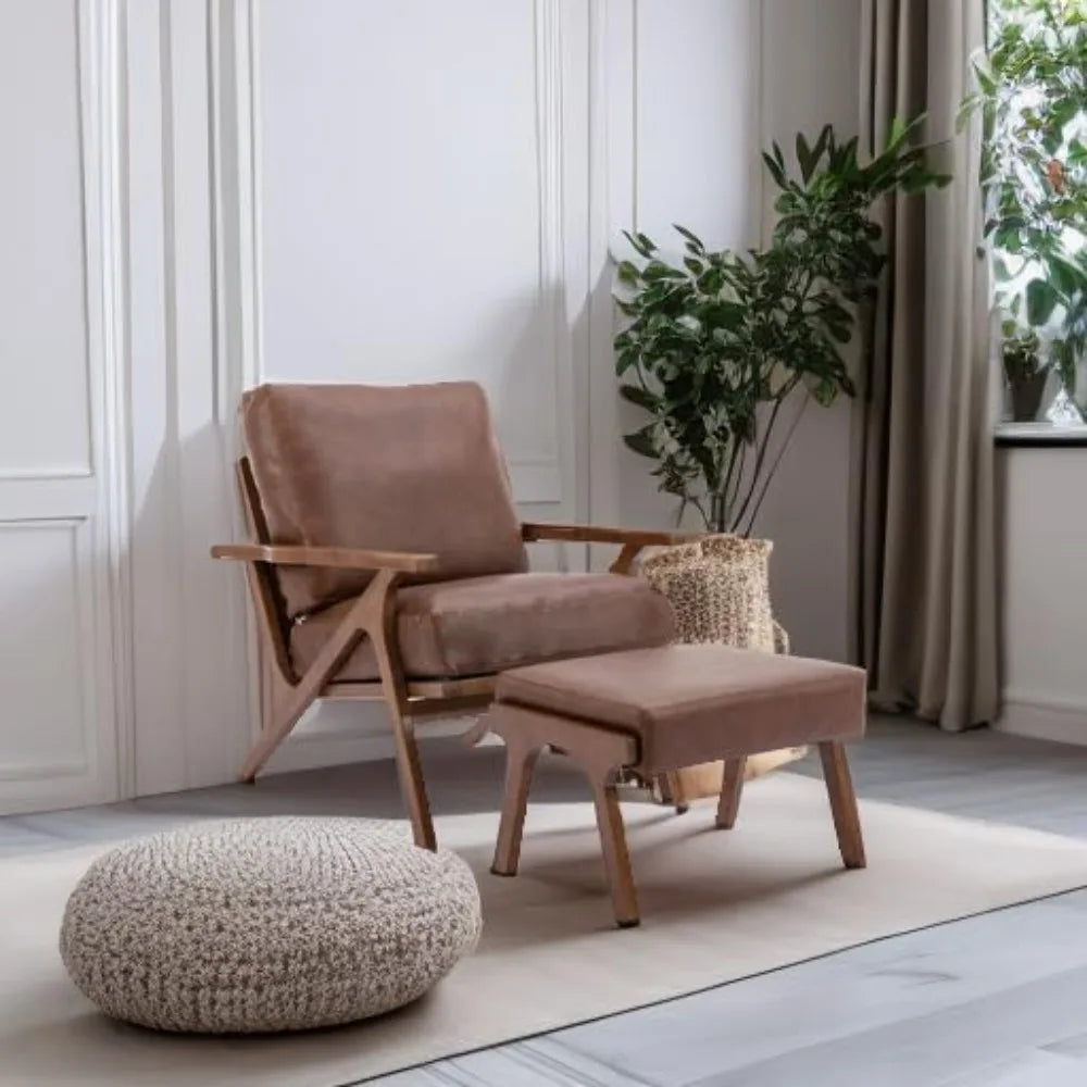 Mid-Century Modern Accent Chair with Ottoman, Faux Leather Armchair with Wood Legs