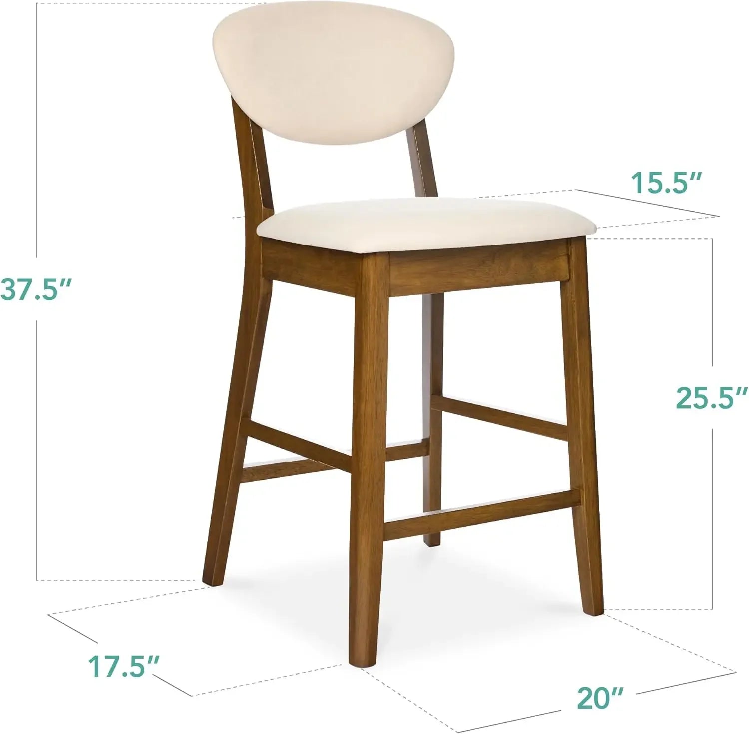 Bar Stool Set of 2, Mid-Century Modern Upholstered Wood, Armless Counter Height w/Seat Cushion, Backrest - Walnut/Cream