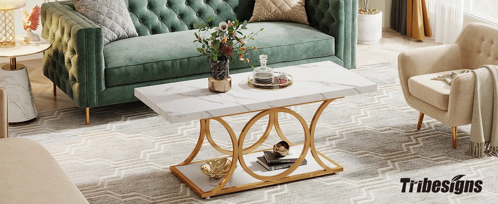 Rectangle Coffee Table, 2-Tier Faux Marble Wood