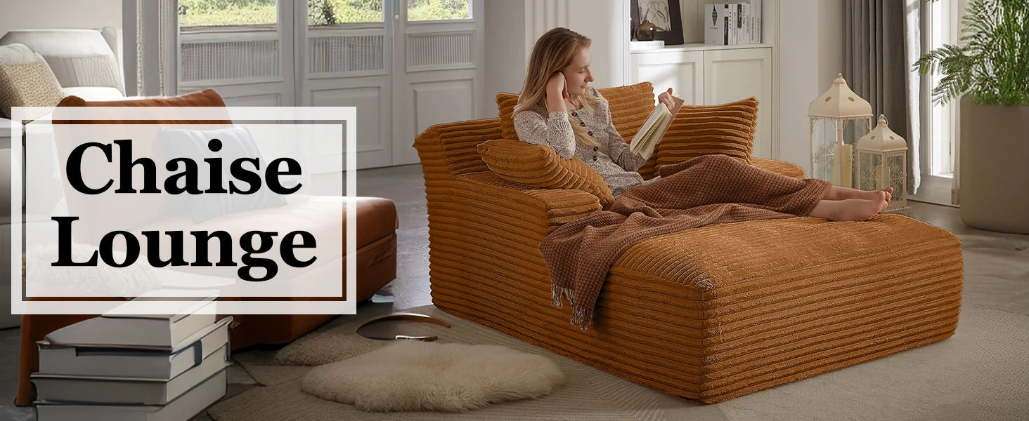 Oversized Chaise Lounge Chair with 3 Comfy Pillows for Living Room/ Bedroom, Wide Arms/ Corduroy Fabric/ High-Density