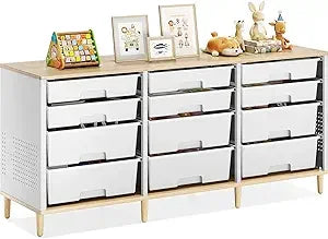 12-Drawer Storage Cabinet with Wooden Top for Home, Living Room, Bedroom, and Classroom Organization