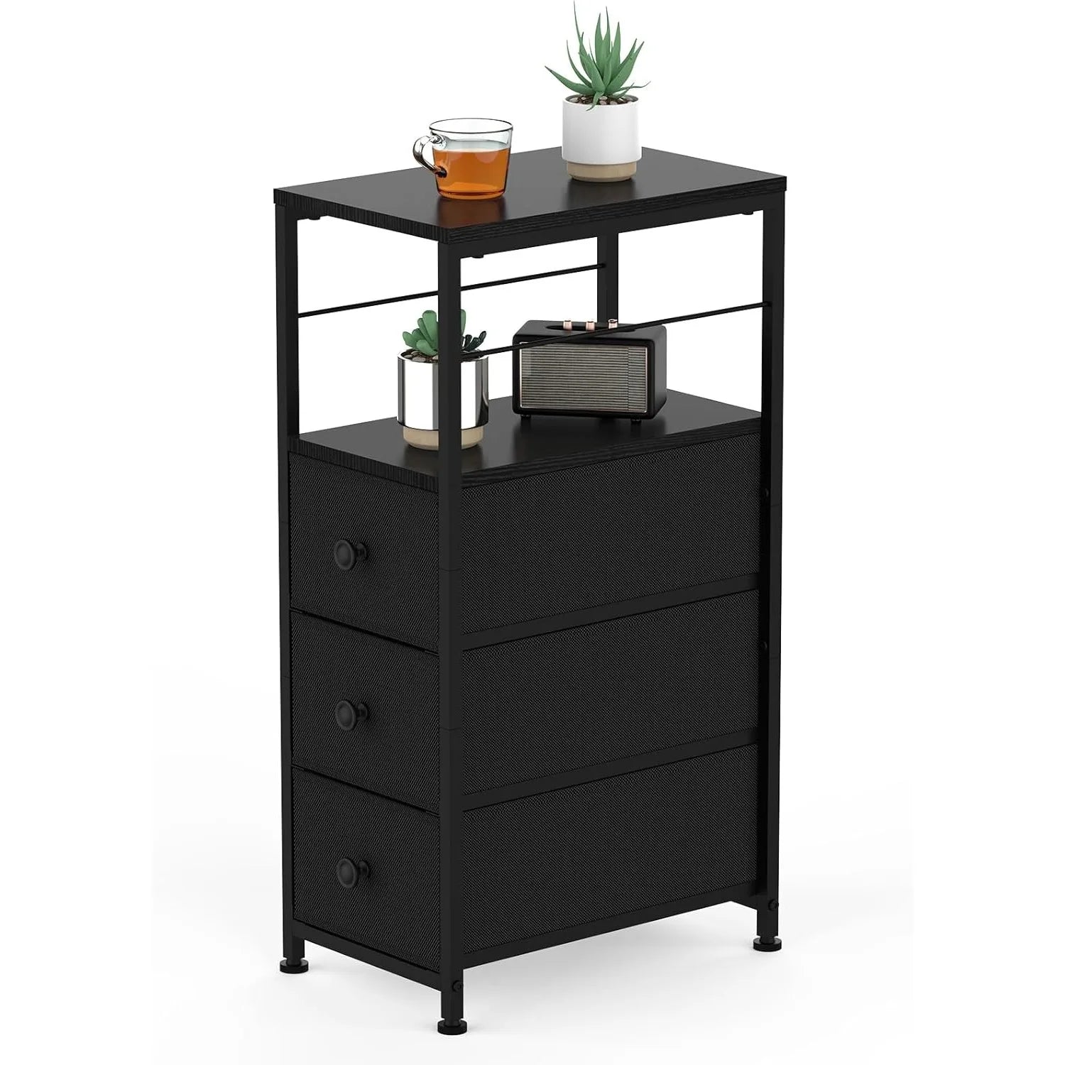 Narrow Slim Dresser & Bedside Table | 3 Fabric Drawers w/ Open Shelves | Space-Saving Storage Cabinet