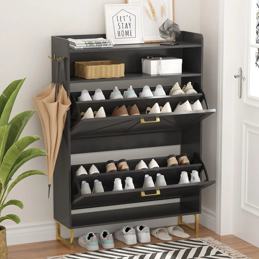 Shoe Cabinet with 2 Flip Drawers, Freestanding Hidden Shoe Storage Organizer, Shoe Rack Cabinet with Open Storage & Hooks