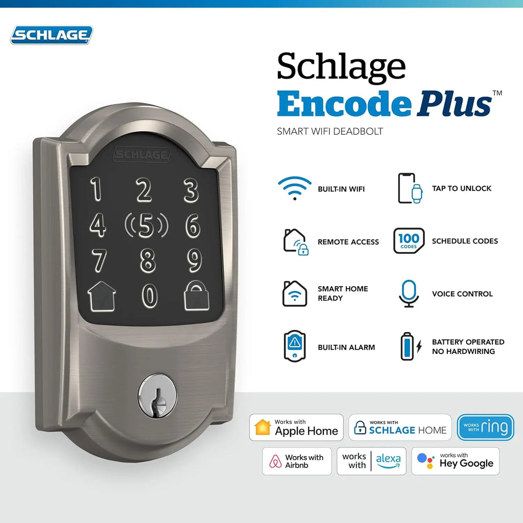 Schlage BE499WB CAM 619 Encode Plus WiFi Deadbolt Smart Lock with Apple Home Key, Keyless Entry Door Lock