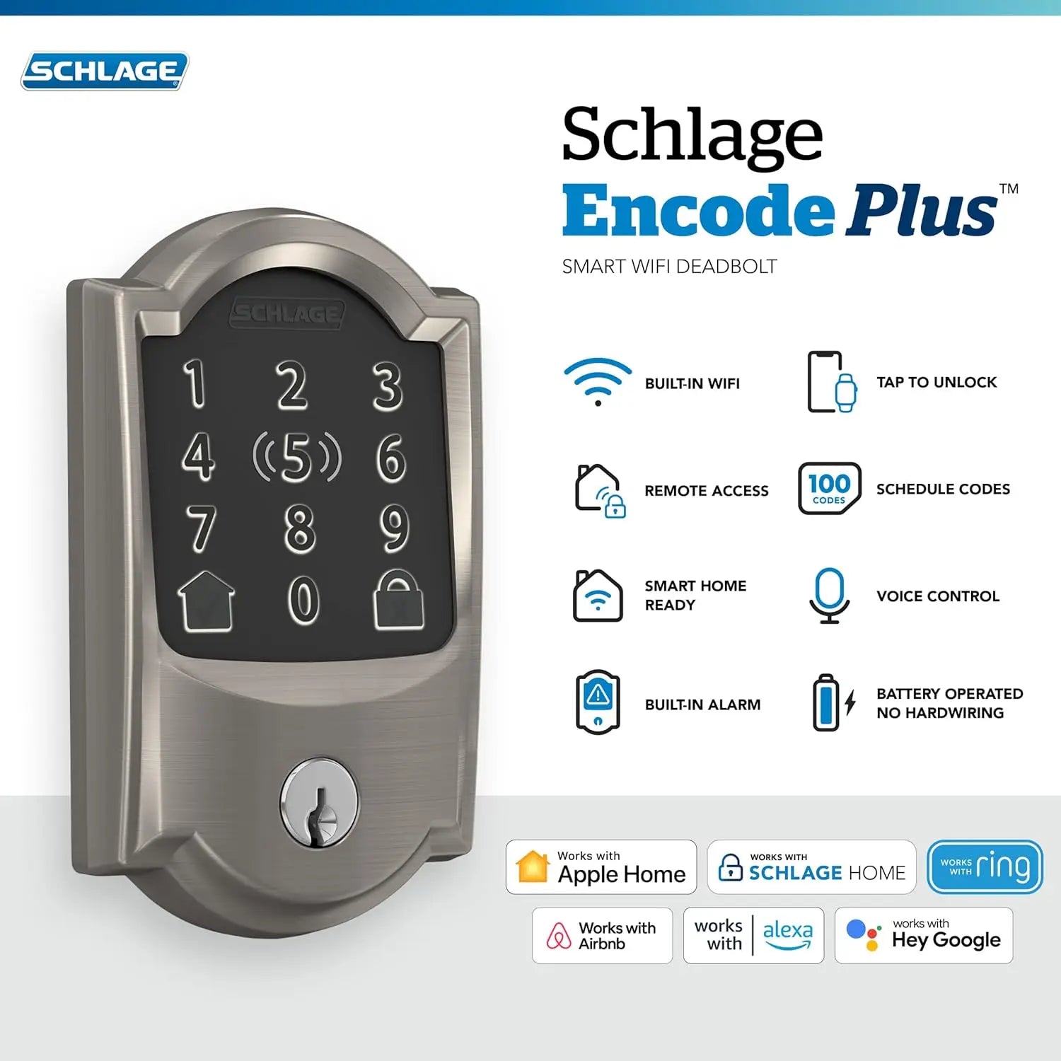 Schlage BE499WB CAM 619 Encode Plus WiFi Deadbolt Smart Lock with Apple Home Key, Keyless Entry Door Lock