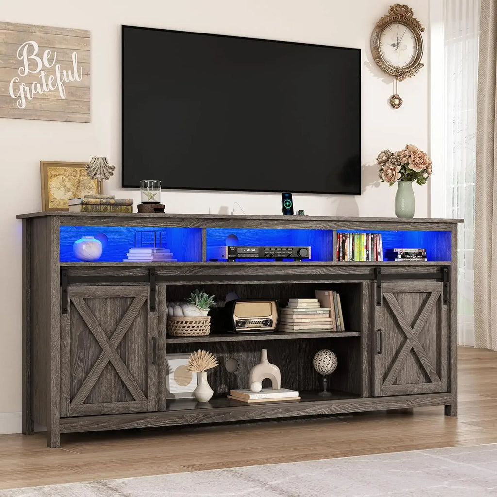 80" LED Farmhouse TV Stand for 90/85/80" TVs, Tall Entertainment Center Storage Cabinets w/Power Outlets and Sliding Barn