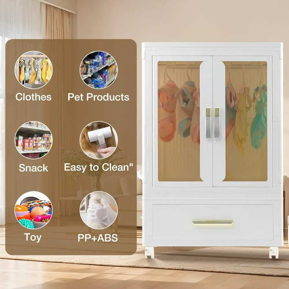 Stackable Pet Wardrobe with Storage Bins, Doors, Wheels, and Hanging Rods for Dog Accessories and Toys