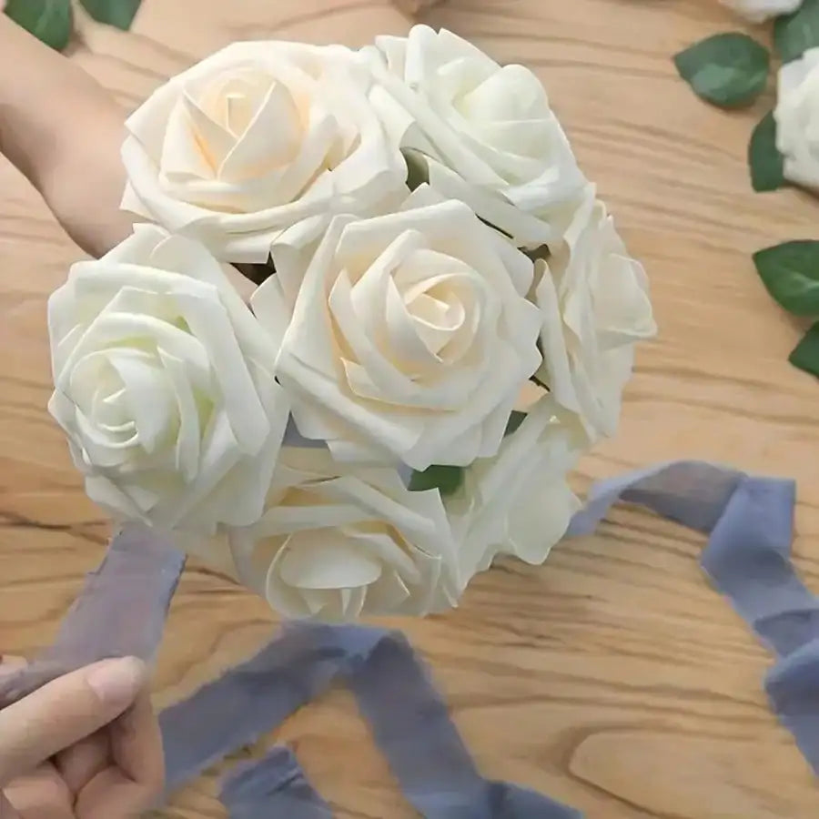 50/25/5 Pcs White Artificial Roses With Stems & 6 Corner Leaves, Realistic Fake Rose Flowers, DIY Wedding Bouquet, Bridal Gift, Table & Home Decor, Elegant Floral Arrangements, No Vase Needed