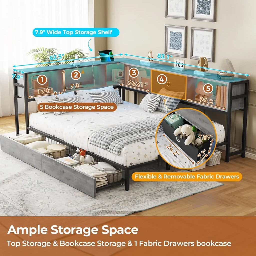 Corner Full Bed Frame, Bookcase Storage, and Led Lights Full Size Metal Platform Bed Frame with Storage Drawers & Charging