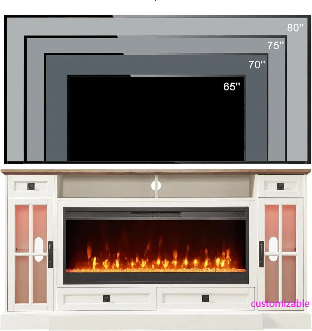 Fireplace TV Stand for 80 Inch TV, with 42" Fireplace & LED Lights, Storage Drawers  Living Room, Antique White