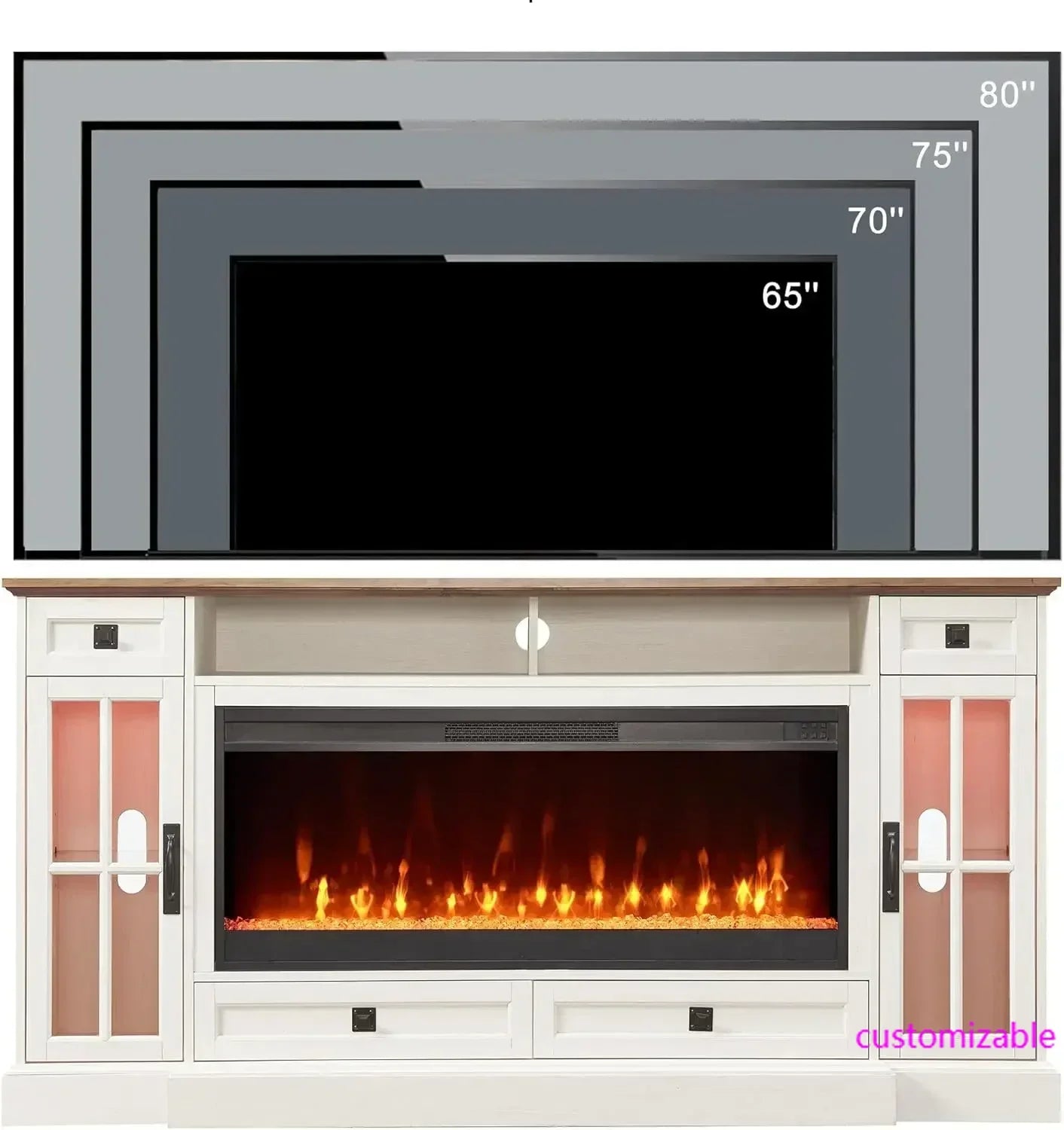 Fireplace TV Stand for 80 Inch TV, with 42" Fireplace & LED Lights, Storage Drawers  Living Room, Antique White