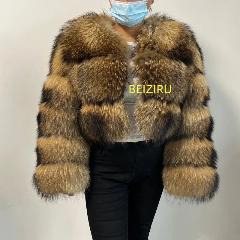 BEIZIRU Women's Short Real Raccoon Fur Coat/ Winter/ Long Sleeve Hooded/ Natural Luxury Thick Jacket for Fashionable Cold Weather